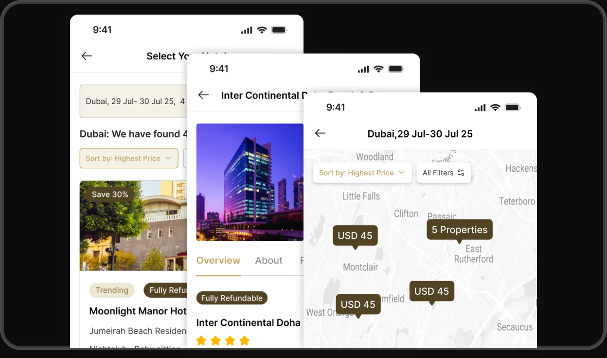 TDO Travel OS — hotel map and listing screens